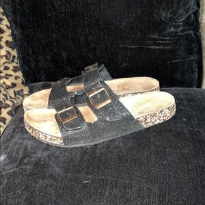 Black and Gold Sandals with Buckles